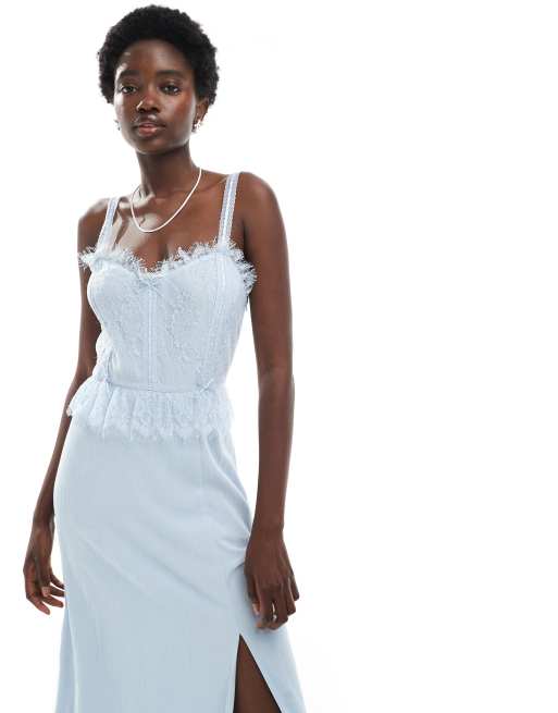 Miss Selfridge cheesecloth maxi corset dress with ribbon trims in blue, 2 of 4
