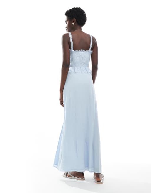Miss Selfridge cheesecloth maxi corset dress with ribbon trims in blue, 3 of 4