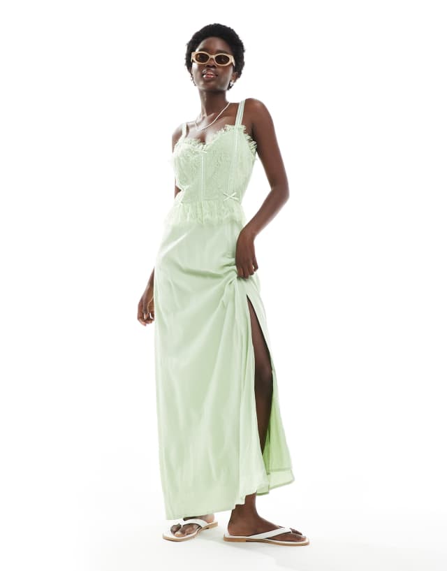 light green corset dress Miss Selfridge cheesecloth maxi with ribbon trims in sage green corset prom dress