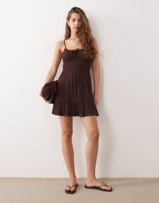 Miss Selfridge Cheesecloth Mini Sun Dress In Brown