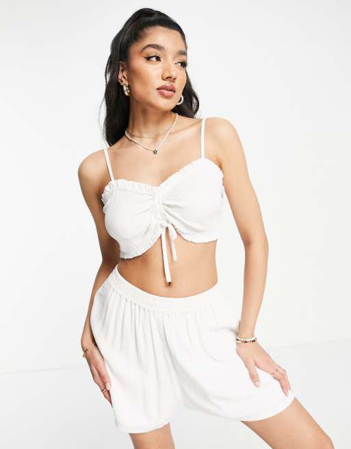 Miss Selfridge cheesecloth ruched tie front cami in ivory (part of a set)