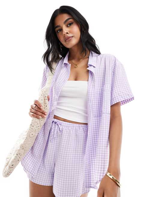 Miss Selfridge - Chemise de plage d'ensemble manches courtes à carreaux vichy - Lilas