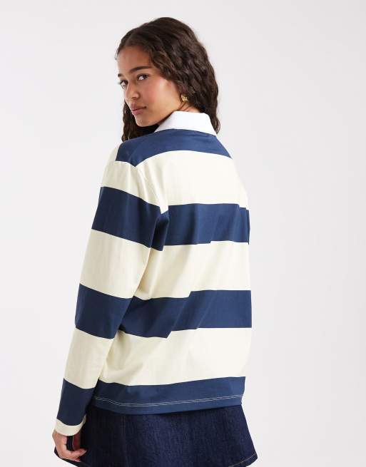 Miss Selfridge - Chemise style rugby oversize à rayures - Bleu marine et babeurre, 3 de 4