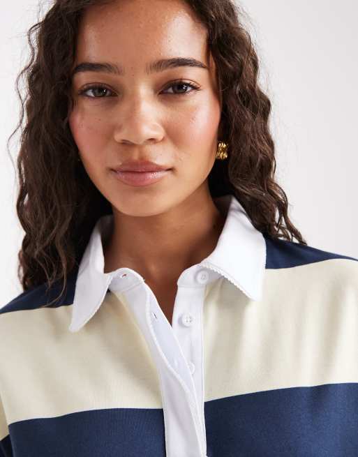 Miss Selfridge - Chemise style rugby oversize à rayures - Bleu marine et babeurre, 4 de 4