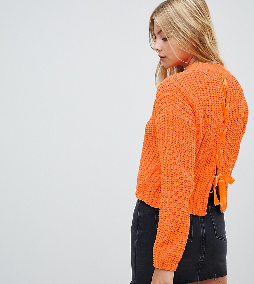 Miss Selfridge chenille jumper with lattice back detail in orange