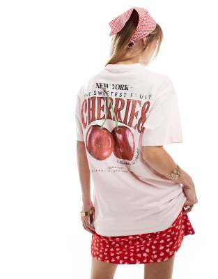 cherry back print oversized T-shirt in pink-White