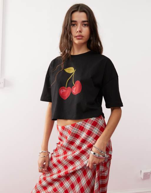 Miss Selfridge cherry print tee in black