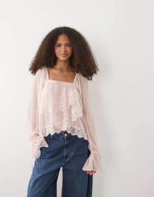Miss Selfridge Chiffon And Lace Blouse In Multi