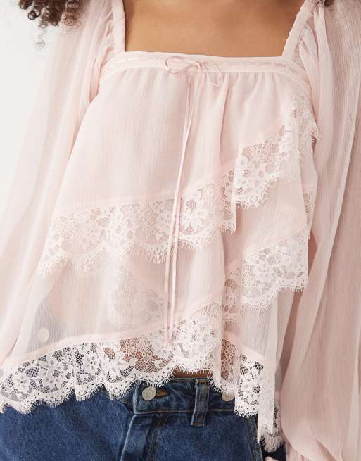 Miss Selfridge chiffon and lace blouse in baby pink, 4 of 4