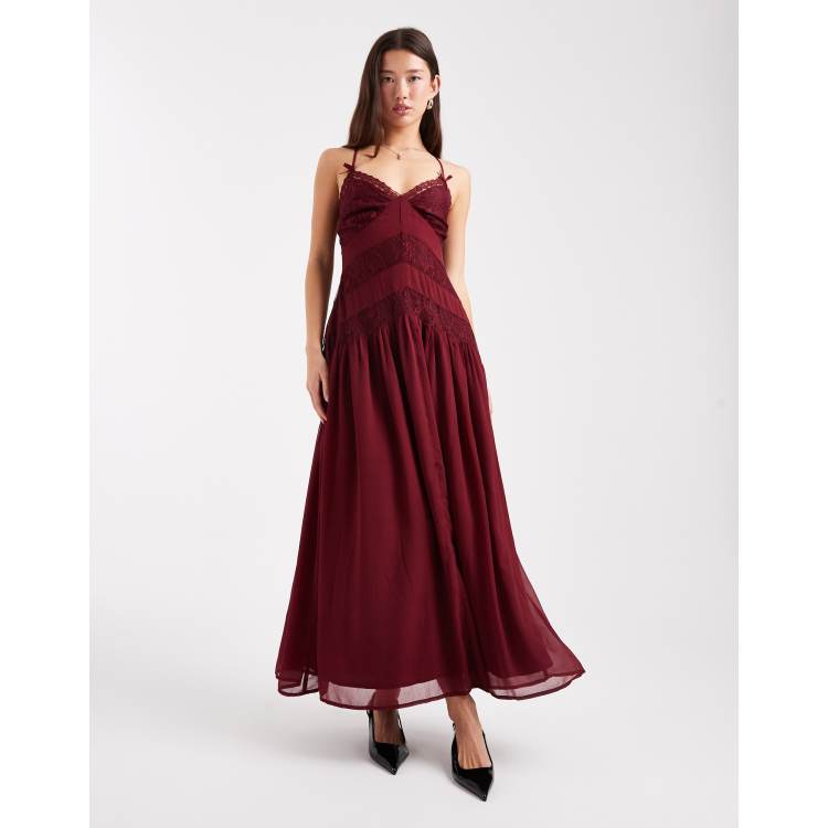 Miss Selfridge chiffon and lace cami maxi dress in oxblood | ASOS