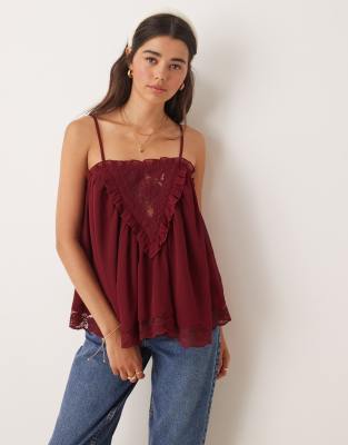 Miss Selfridge Chiffon And Lace Cami Top In Burgundy