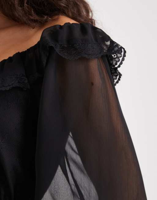 Miss Selfridge chiffon and lace milkmaid dress in black, 4 of 4
