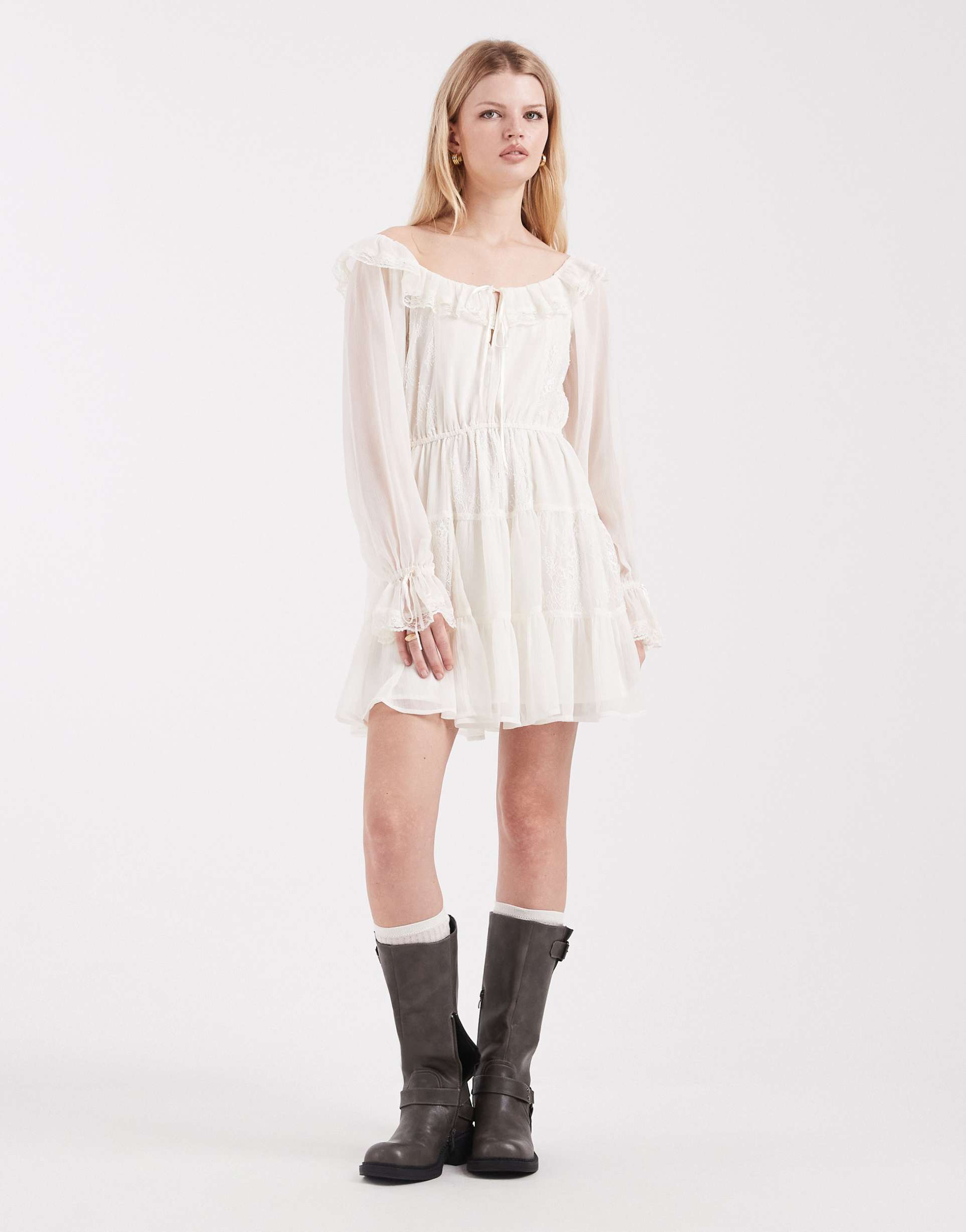 miss selfridge chiffon and lace milkmaid dress in ecru