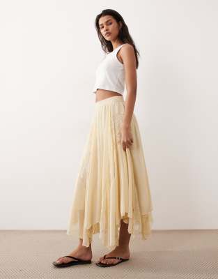 Miss Selfridge chiffon and lace mix handkerchief hem maxi skirt in buttermilk