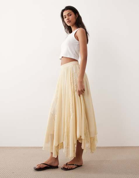 Miss Selfridge chiffon and lace mix handkerchief hem maxi skirt in buttermilk - view 1