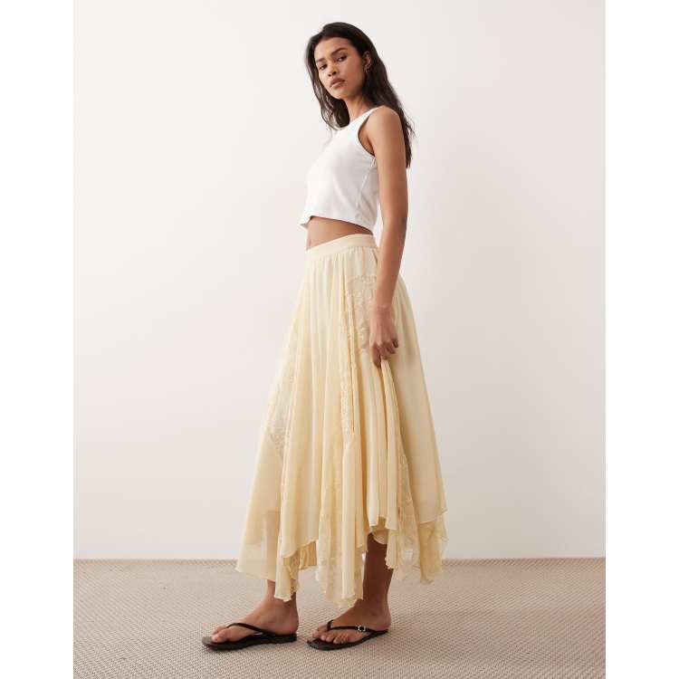 Miss Selfridge chiffon and lace mix handkerchief hem maxi skirt in
