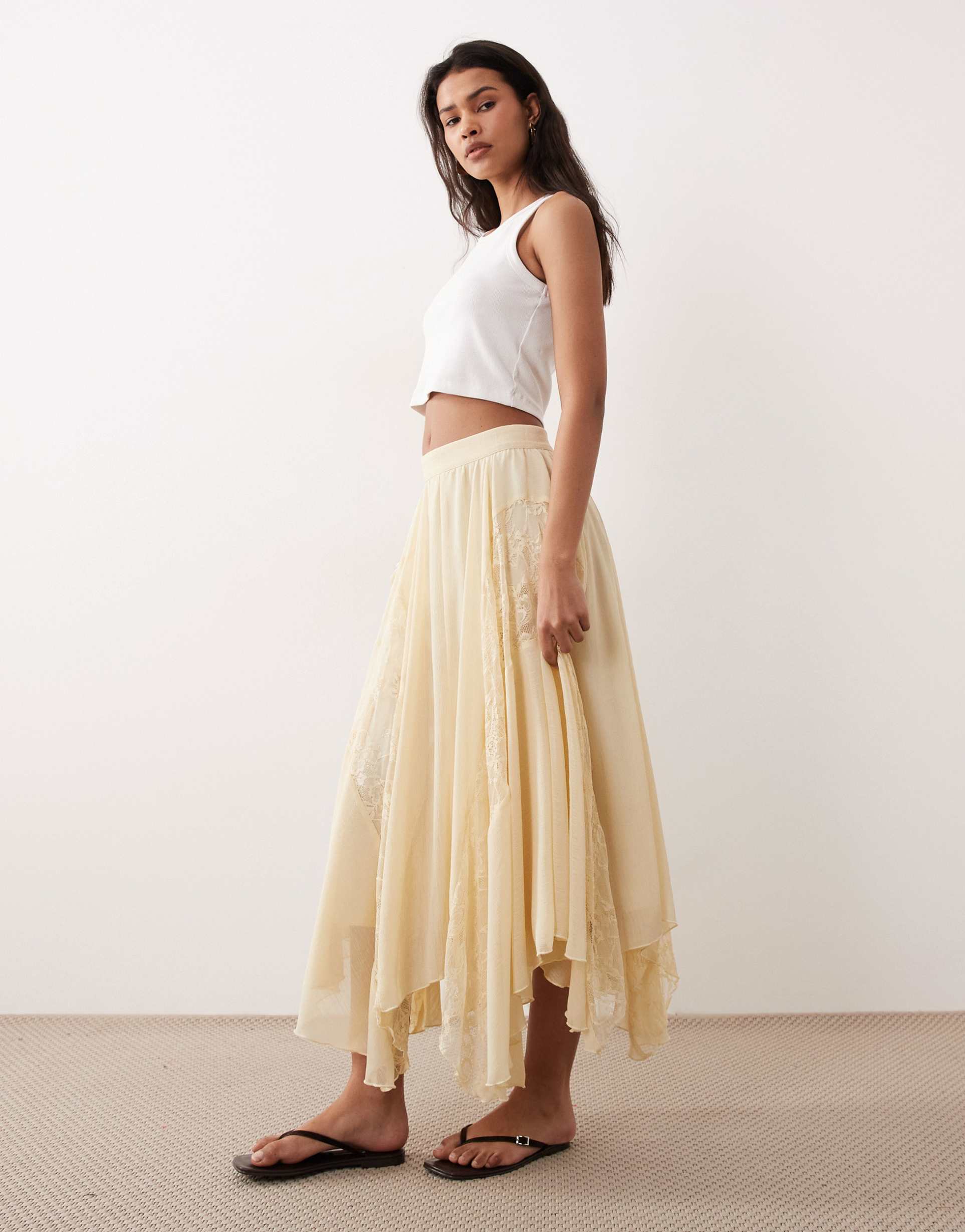 miss selfridge chiffon and lace mix handkerchief hem maxi skirt in buttermilk