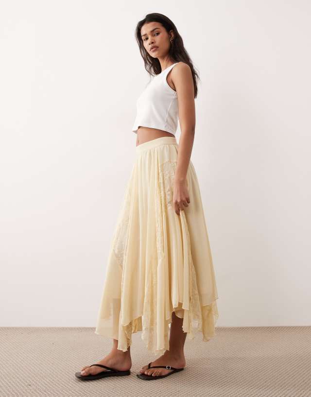 Miss Selfridge chiffon and lace mix handkerchief hem maxi skirt in