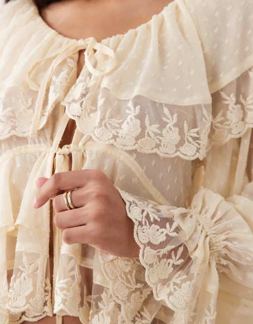 Miss Selfridge chiffon and lace tie front top in buttermilk, 2 of 4