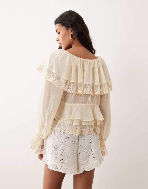 Miss Selfridge chiffon and lace tie front top in buttermilk, 4 of 4