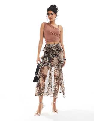 chiffon asym ruffle maxi skirt in animal print-Multi