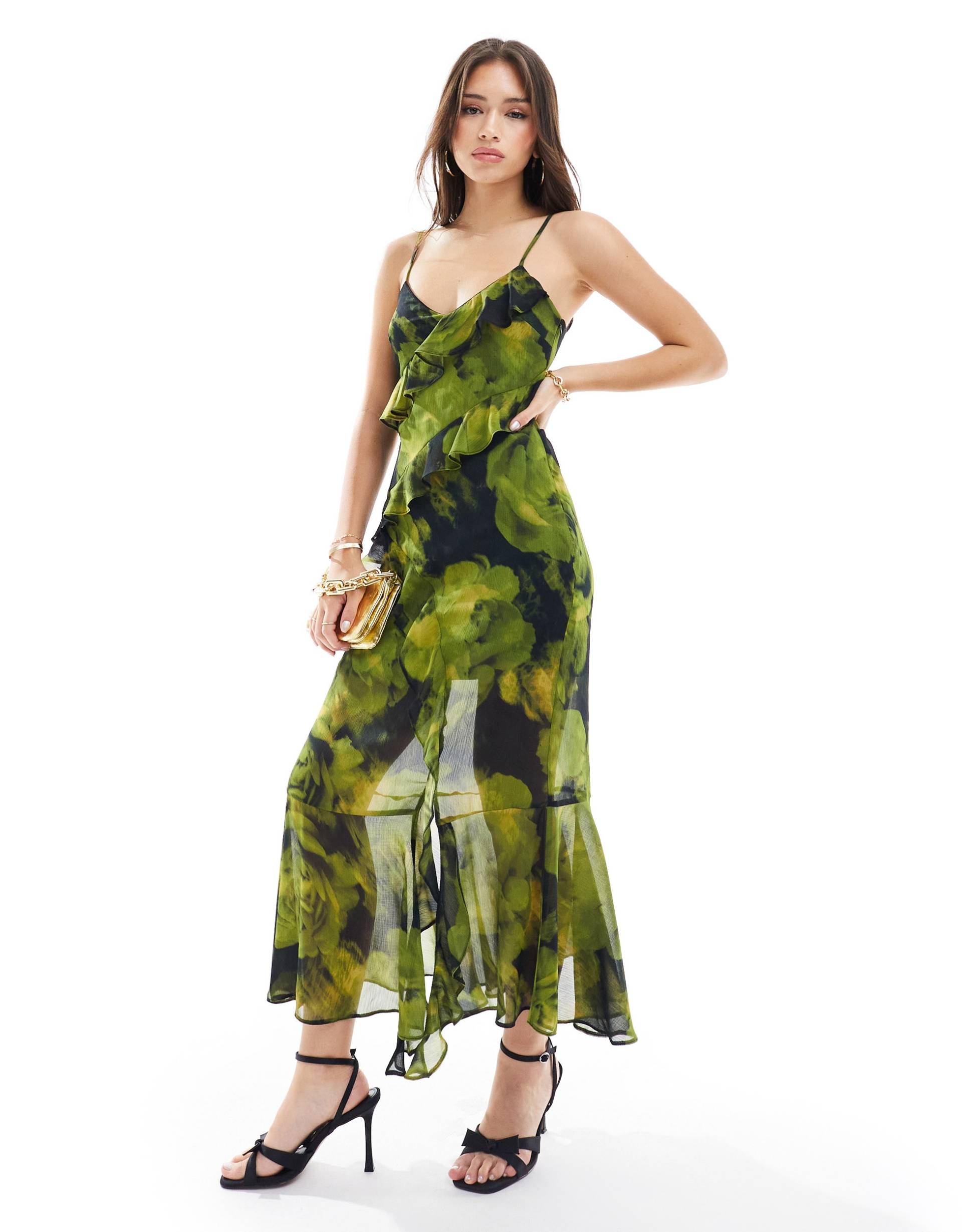 miss selfridge chiffon asymmetric ruffle maxi dress in green floral