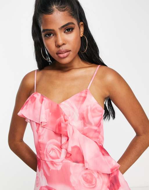 Miss Selfridge chiffon asymmetrical hem mini dress in oversized rose