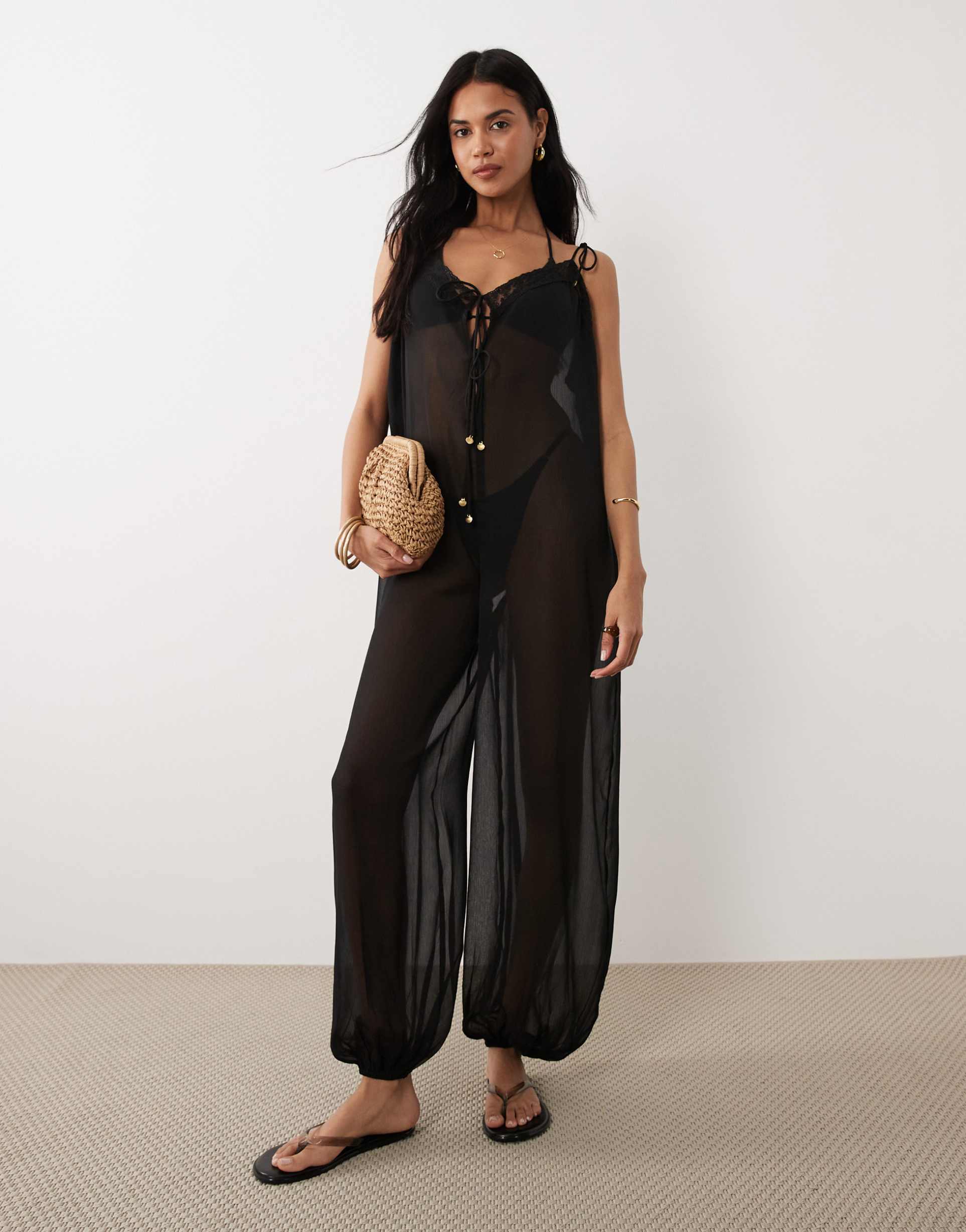 miss selfridge chiffon balloon hem beach jumpsuit in black