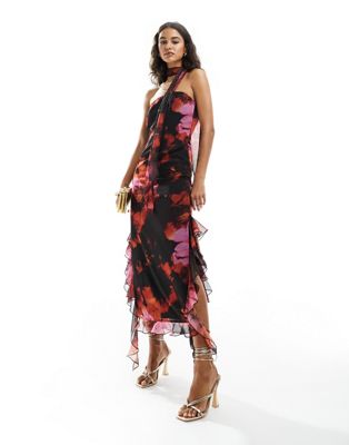 Miss Selfridge chiffon bandeau maxi dress with scarf in oversized floral