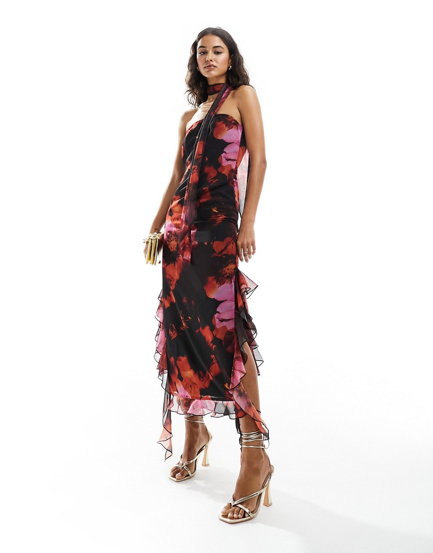 Miss Selfridge chiffon bandeau maxi dress with scarf in oversized floral-Multi
