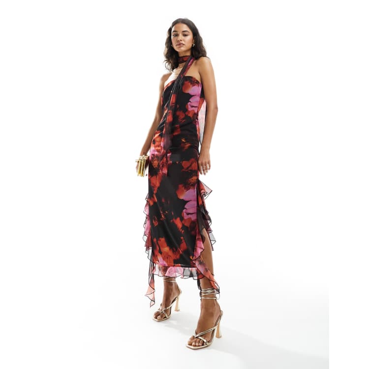 Miss Selfridge chiffon bandeau maxi dress with scarf in oversized floral |  ASOS