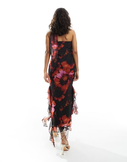 Miss Selfridge chiffon bandeau maxi dress with scarf in oversized floral, 2 of 4
