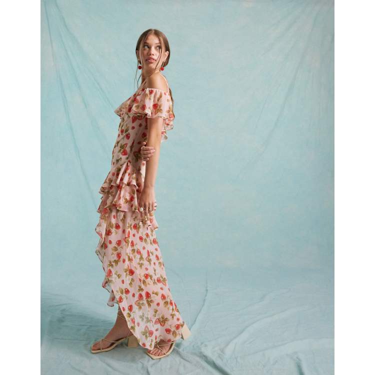 white christmas dresses Dolls Kill x Strawberry Shortcake Strawberry Floral Print Maxi Dress With  Shirred Back And Ribbon Ties main image 1