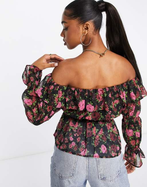 Miss Selfridge chiffon bardot blouse in red rose print, 4 of 4