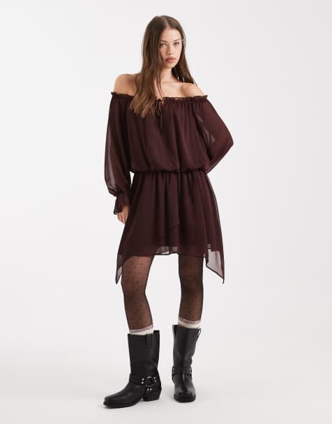Miss Selfridge chiffon bardot hanky hem dress in chocolate - view 1