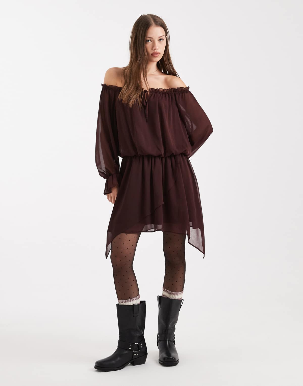 Miss Selfridge chiffon bardot hanky hem dress in chocolate