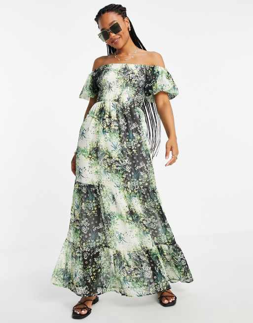 Chiffon bardot 2025 maxi dress