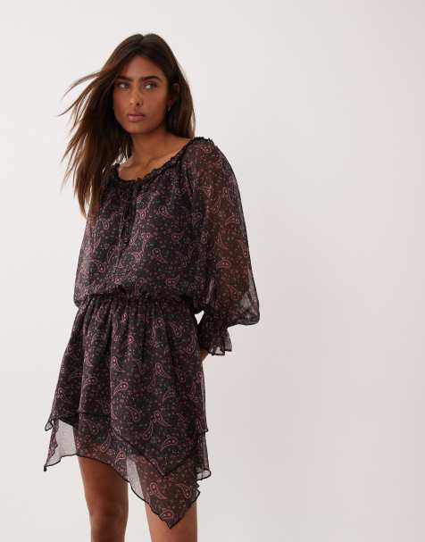 Miss Selfridge chiffon bardot mini dress in paisley - view 1