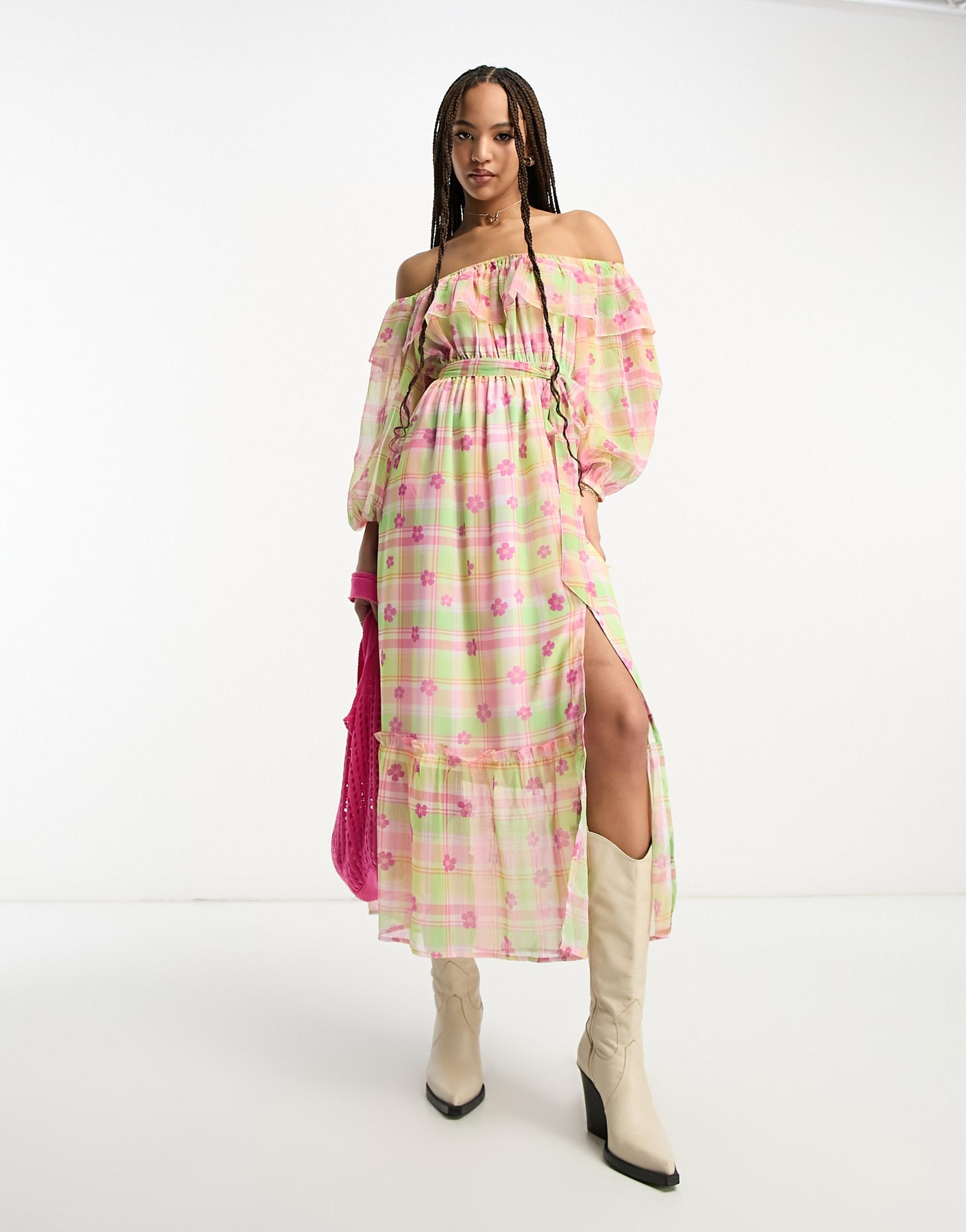 miss selfridge chiffon bardot tie waist maxi dress in floral gingham