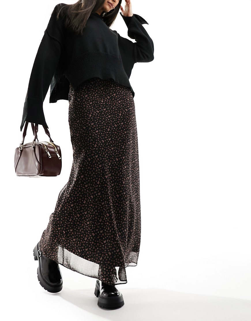 Miss Selfridge chiffon bias maxi skirt in rosebud print-Black