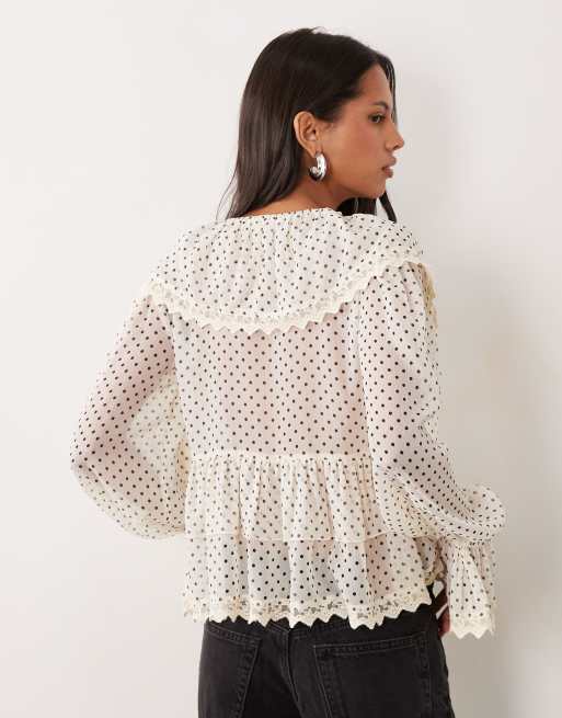 Miss Selfridge Chiffon-Bluse mit Rüschen, Bindung vorn und Polka-Dot-Muster, 4 von 4