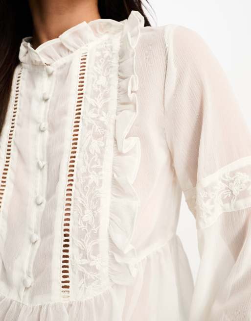 Miss Selfridge chiffon boho embroidered blouse in ivory