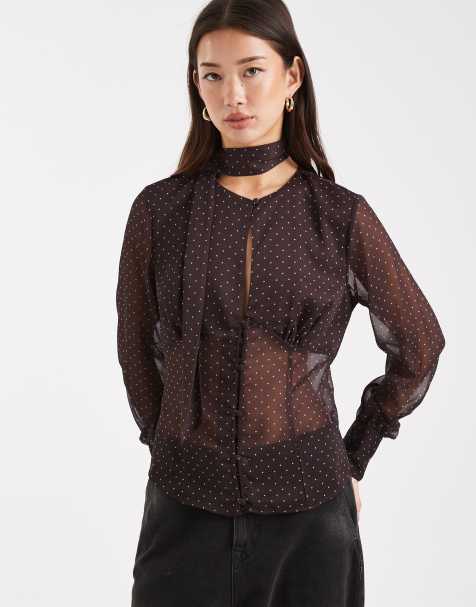 Miss Selfridge chiffon button through scarf blouse in chocolate polka dot - view 1