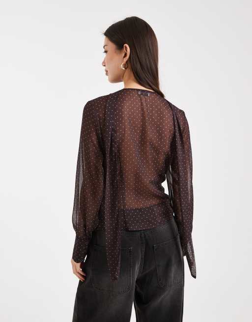 Miss Selfridge chiffon button up scarf blouse in chocolate polka dots, 3 of 4