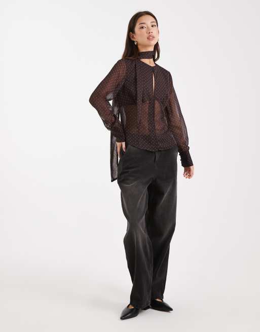 Miss Selfridge chiffon button up scarf blouse in chocolate polka dots, 4 of 4