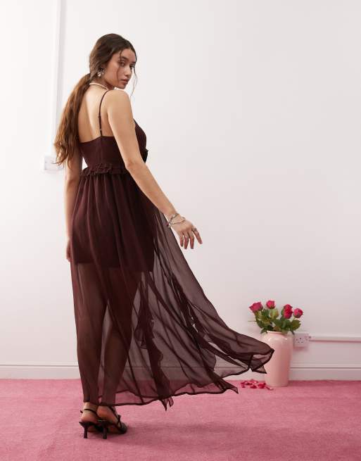 Miss Selfridge chiffon corsage detail cami maxi dress in brown ASOS