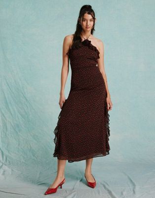 Miss Selfridge Chiffon Corsage Halter Maxi Dress In Rose Print-black