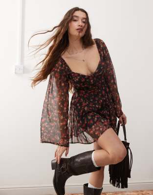 Miss Selfridge Chiffon Corset Detail Romper In Floral Print-multi