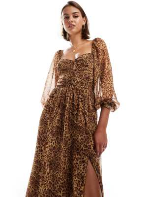 chiffon corset lace-up maxi dress in animal print-Brown