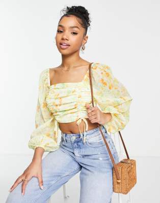 Miss Selfridge chiffon crop top in blurred floral | ASOS